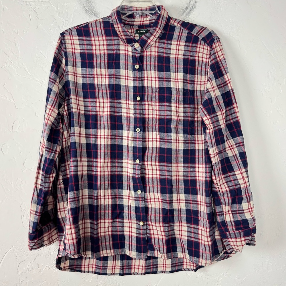 Roots Shirt Button Down Top Knit Plaid Print All Seasons Relaxed Red‎ Navy Blue